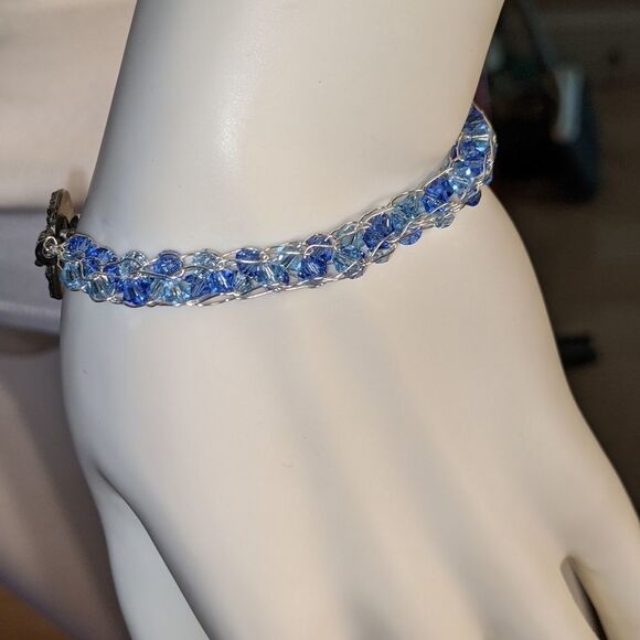 Silver wire & blue clear diamond bead box link bracelet - Picture 2 of 5